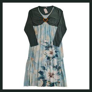 NWT Floral Maxi Dress - Shrug Bodice, Layered Skirt, Empire Waist - Green - XXL